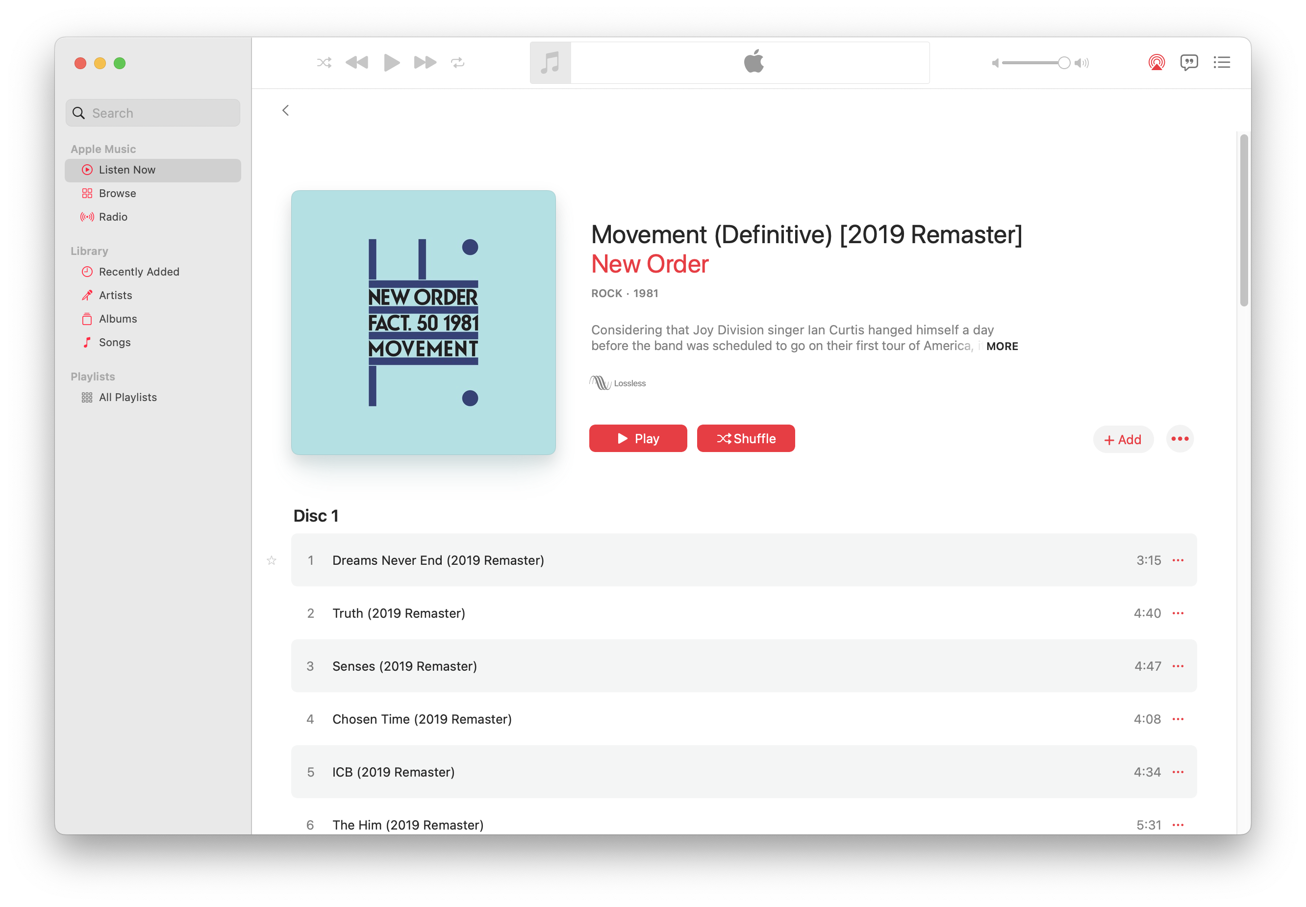 New Order's Movement remaster, on Apple Music