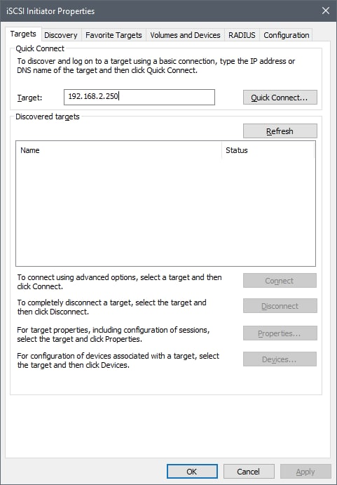 The iSCSI initiator on Windows, letting you enter a portal group.