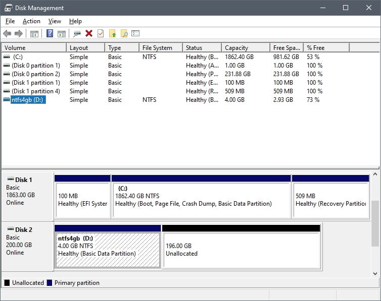 Windows Disk Management showing an expanded volume with the old partition table