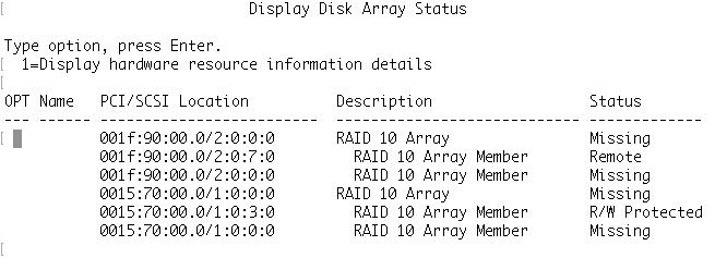 "Display Disk Array Status" showing a very confused array set.